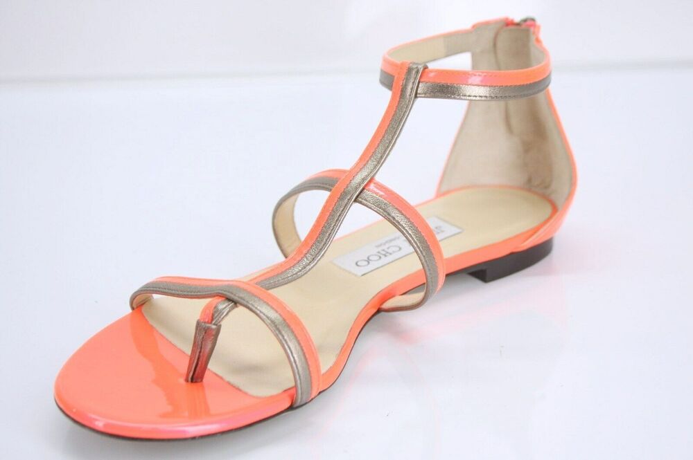 Jimmy Choo Tabitha T Strap Caged Thong Sandals Size 37.5 Orange Platinum $795
